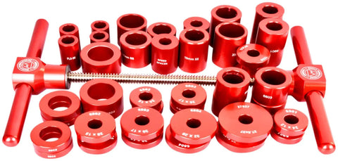 Tool Chest Tough Bearing Press Kit For Drag Free Bottom Bracket And Thru Axle Swaps featuring various red aluminum components.