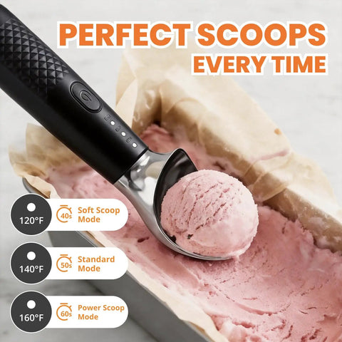 Heated Ice Cream Scoop With Three Heat Settings And 2600mAh Rechargeable Battery demonstrating effortless scooping.