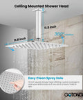 Diagram showcasing All In One Ceiling Mount Shower System With 12 Inch Rainfall Showerhead And Handheld Sprayer, chrome finish