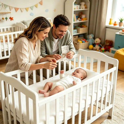 Parents using Breathable Cotton Teething Bed Rail Covers, 4 Piece Adjustable Chew Proof Rail Protector for Cribs with baby in crib.