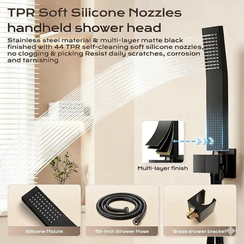 Slick Matte Black Shower Faucet Set With 10 Inch Rain Head And Handheld Sprayer showcasing TPR soft silicone nozzles and multi-layer finish.