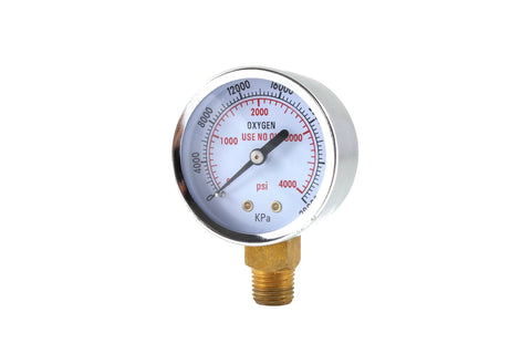 Front view of 2-inch chrome high-pressure oxygen regulator gauge with brass threaded fitting, 0–4000 psi