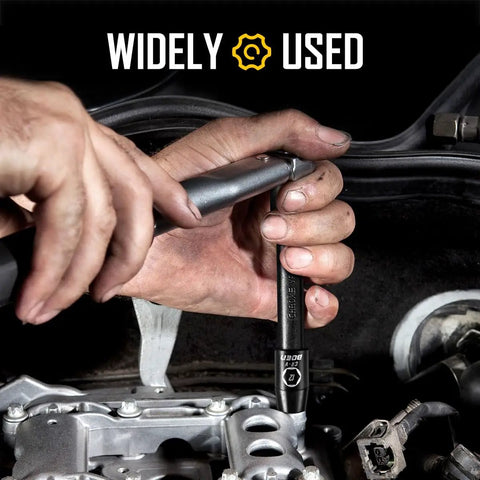 Half Inch Drive Impact Socket Set, 33 Piece Deep And Shallow Metric Socket Set From 8mm To 22mm, Includes 5 Inch And 10 Inch Extension Bars, Universal Joint, 6 Point Design, CRV Steel, Built To Last, ANSI Standards in use on a car engine.