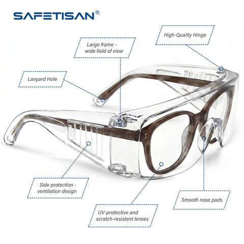Heavy Duty Safety Glasses Over Glasses 12 Pack Ansi Z87 1 Clear Lens Scratch Proof Goggles Fit Prescription Specs men women with large frame.