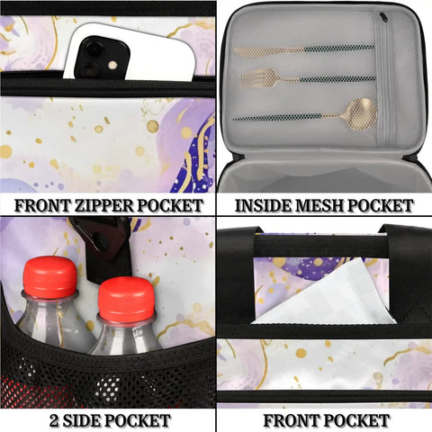 Insulated Picnic Backpack With Large 12x9 Inch Capacity Keeps Meals Fresh Modern Pattern Lunch Tote detail of pockets and zippers