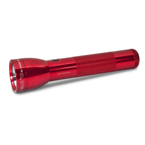 Red LED flashlight on white background, sleek design with textured grip, showcasing focus and on/off switch