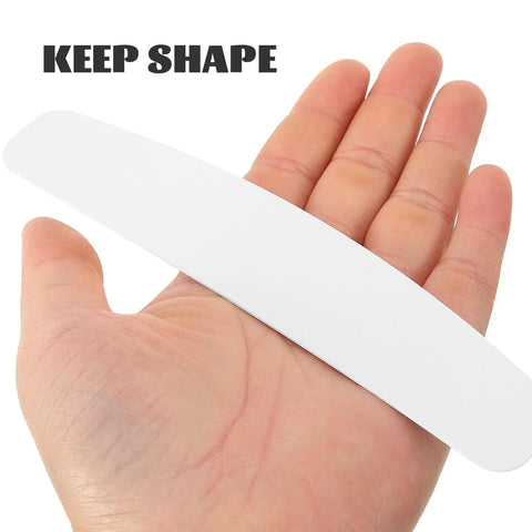 Ten Pack Plastic Collar Stays With White Tips For Mens Dress Shirts And Suits, held in hand for size reference.