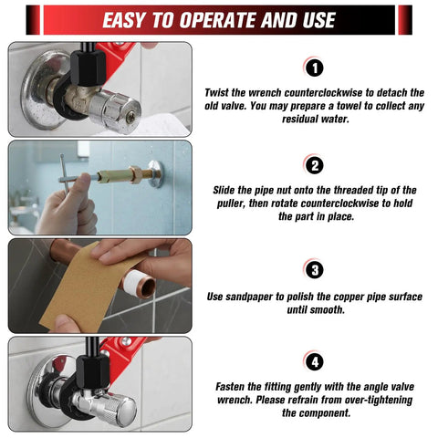 Steps for using the Top Shelf Plumbing Repair Kit Featuring Angle Stop Wrench And Compression Sleeve Puller for faucet upgrades.