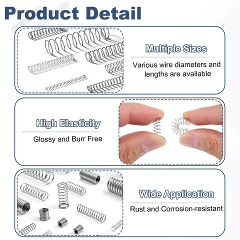 Detailed view of 50 Pcs 304 Stainless Steel Compression Springs 0.2mm Wire 3mm Outer Diameter 10mm Free Length with varied sizes and applications.