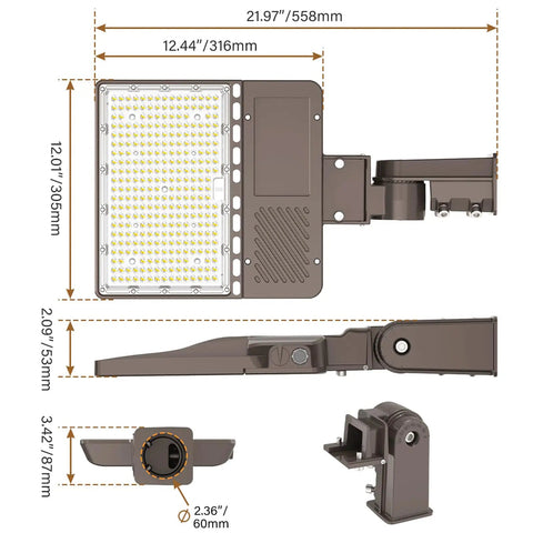 Dimensions of Triple-Setting LED Parking Lot Light With 150W 120W 90W Options, 5000K Dusk-To-Dawn Shoebox Flood