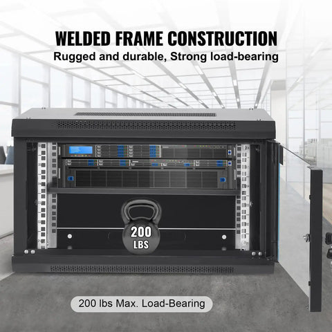 Slick Wall Mount Network Server Cabinet 6U Rack Enclosure featuring locking glass doors, showcasing rugged welded frame, 200 lbs capacity.