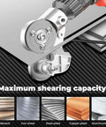 Electric Drill Plate Cutter Nibbler cutting through metal with durability charts for cardboard, iron, steel, copper, aluminum.