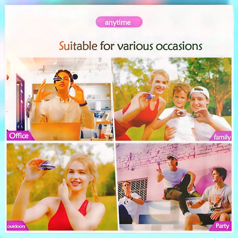 People using Hand Operated Mini Drone Orb With LED Lights UFO Magic Flying Spinner in various settings, indoors and outdoors.