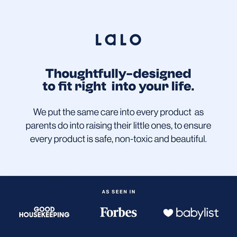 LALO branding image highlighting safety and design for family products, showcasing care for children's needs.