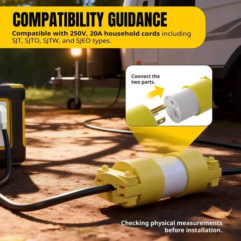 Yellow Replacement Plug And Socket Set For NEMA 6-20P And NEMA 6-20R, 250V 20A in outdoor setup, showing connection parts and compatibility guidance.