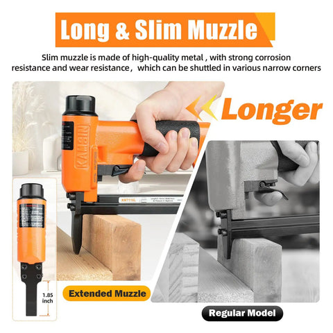 Pro-Grade 22 Gauge Pneumatic Upholstery Stapler With Long Nose Reach in use, showcasing extended muzzle for tight space access.