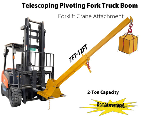Heavy Duty Telescopic Forklift Boom Extension, Adjusts From Seven To Twelve Feet, Swivels Up To Seventy Five Degrees, Hauls 4400 Pounds Without Breaking A Sweat, Dual Hooks For No Nonsense Job Site Work, mounted on a forklift.