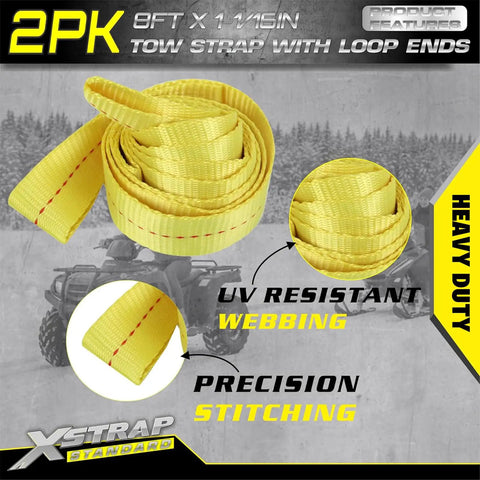 Two Pack Three Quarter Inch By Eight Foot Web Tow Straps Loop End Design, heavy-duty yellow straps with UV resistant webbing.