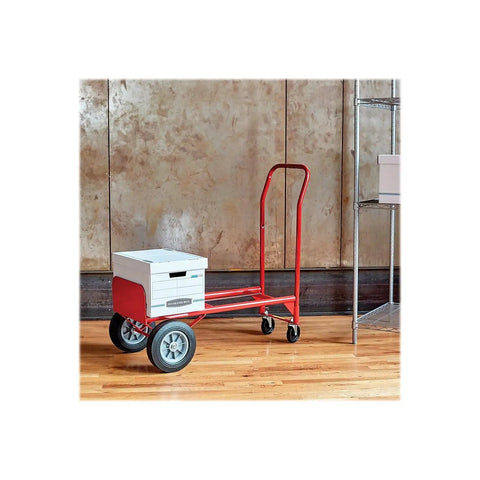 Heavy Duty Two Way Convertible Hand Truck Transforms Into Four Wheel Platform Dolly With Six Hundred Pound Capacity Welded Steel Frame Swivel Casters And Power Grasp Handles Built Damn Tough For Heavy Lifting Hustle In Bright Red with a white storage box.