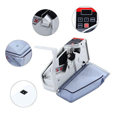 Mini Money Counter Machine Portable Banknote Counter With LED Display 600 Bills Per Minute shown with open cover and control buttons.