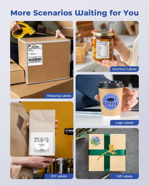 Inkless 4X6 Thermal Label Printer For Shipping Hella Crisp 203 Dpi Prints With Zero Mess, showcasing various label uses including shipping and DIY.