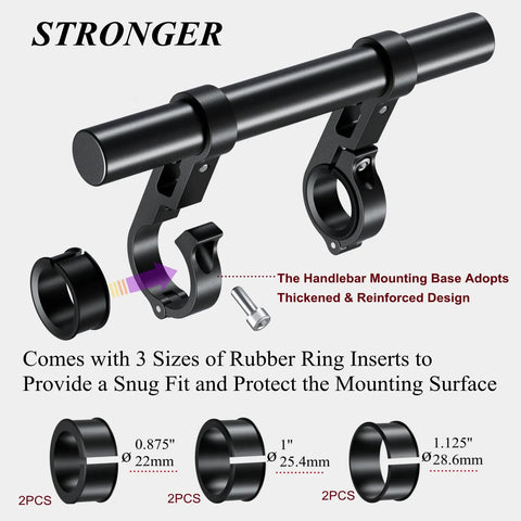 Handlebar Extender 8 Inch Cross Bar For Mounting Bike And Motorcycle Accessories Like Phone Holder GPS Navigation Action Camera And Extra Lights For Safer Hands-Free On The Go with rubber ring inserts displayed