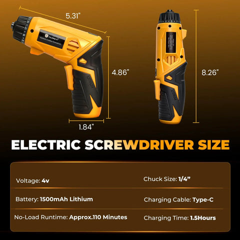 Heavy Duty 4V Cordless Electric Screwdriver Set Featuring 46 Precision Driver Bits In A Slick Carrying Case With Adjustable Torque And All Day Battery Juice For No Fuss Diy And Home Upgrades, showing size details and specifications.