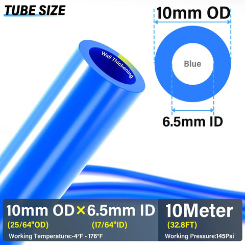Diagram showing Blue 10mm OD PU Air Tubing Kit 32.8ft 10m with 6.5mm ID, highlighting size and specifications.