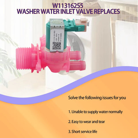 Washer Water Inlet Valve Replacement 120V 60Hz Solenoid For Whirlpool Amana Maytag Front Load Washers No Brainer Install Durable Part You Can Trust Direct Replacement Valve With Easy Fit For Quick DIY Fixes And Long Lasting Performance. Pink plastic valve with 120V 60Hz solenoid for front-load washer water inlet