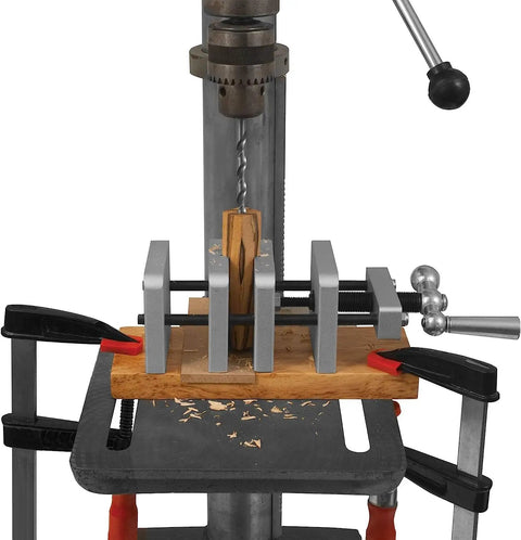Straight Shooter Pen Centering Vise Jig For Drill Press in use, securely holding pen blanks with rugged steel jaws for perfect alignment.