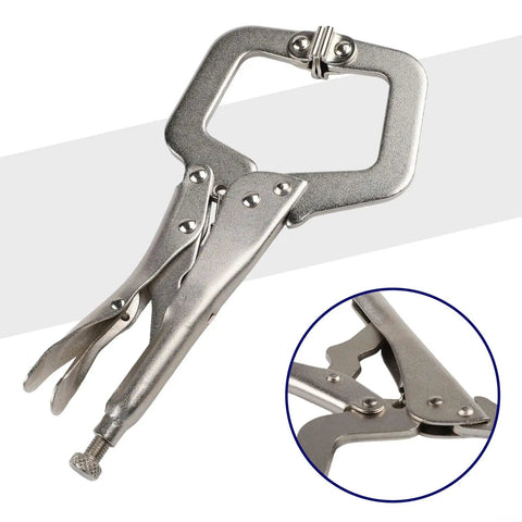 Solid 9 Inch Locking C Clamp Steel Welding Pliers Grip Wood Tenon Locator With Wide Jaws, stainless steel construction close-up view.