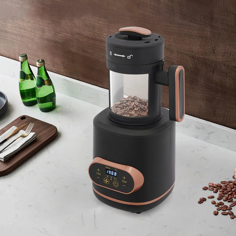 Absolute Game Changer Electric Coffee Bean Roaster With Smart Temperature Control And Three Fan Speeds 1500W black and glass design with beans.