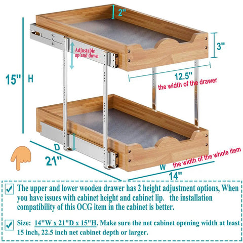 The Real Deal Heavy Duty Two Tier Pull Out Cabinet Organizer With Super Smooth Gliding Wood Shelves, 14x21 inch size, adjustable height.
