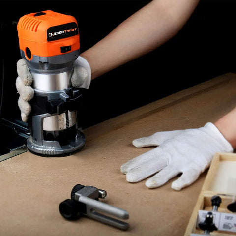 Compact Router Tool With 7.0 Amp Motor Soft Start And Variable Speed From 10,000 To 32,000 RPM For Woodworking in use on wood