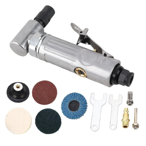 Heavy Duty Right Angle Air Die Grinder With Adjustable Speed Regulator And Beast Mode Tungsten Steel Internals For High Rpm Metalworking And Smooth Auto Detailing Work with assorted pads and accessories.