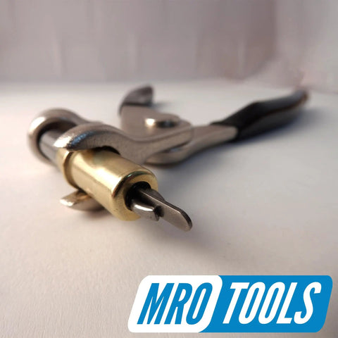 Close-up of brass 200 Count Heavy Duty Three Sixteenth Inch Cleco Sheet Metal Fasteners With Pliers And Carry Bag Kit in use.