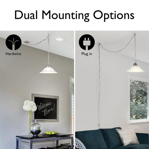 Single Light Pendant With Satin Nickel Finish And Alabaster Glass Shade Dimmable And Flexible Hardwired Or Plug In For Kitchen Island Dining Room Or Entryway Includes 18 Foot Chain And 20 Foot Cord, showing dual mounting options.