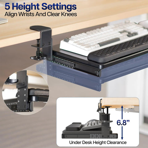 Large Height And Width Adjustable Under Desk Keyboard Tray With C-Clamp Mount System, Extends From 22.5 To 30 Inches, Black