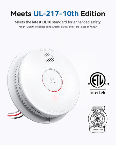 Heavy Duty Photoelectric Smoke Detector And Hardwired Fire Alarm With Interconnected Design And Reliable Battery Backup For Hassle Free Home Safety And Rapid Smoldering Fire Alerts In A Six Pack showing UL-217-10th edition compliance.