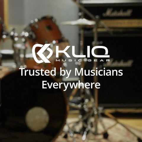 Drum set and amplifiers with 'Trusted by Musicians Everywhere' text, featuring Kliq Music Gear logo.