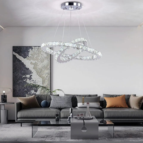 LED Modern Crystal Ring Pendant Chandelier With Two Adjustable Rings And K9 Crystals, Stainless Steel Ceiling Light Fixture