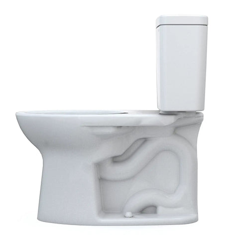 Top Shelf Two Piece Elongated Toilet Featuring Universal Height And 1.6 GPF Tornado Flush System For Hassle Free Grime Control And Reliable Everyday Bathroom Comfort In Crisp White, side view.
