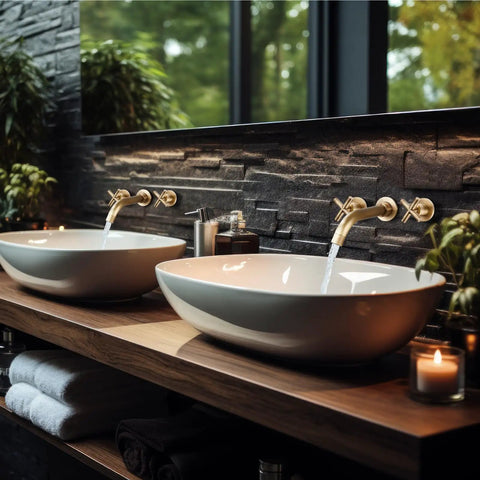 Wall Mounted Bathroom Sink Faucet With Dual Cross Handles, 3 Hole Widespread Vanity Mixer Tap In Matte Black, sleek setup