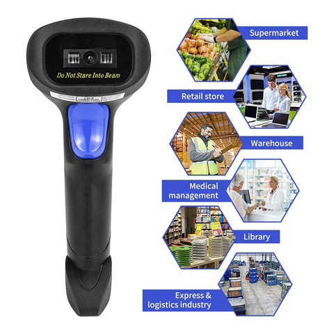 USB 1D Barcode Scanner Handheld Wired CCD Reader For Screen Scanning shown with various use cases in retail and logistics.