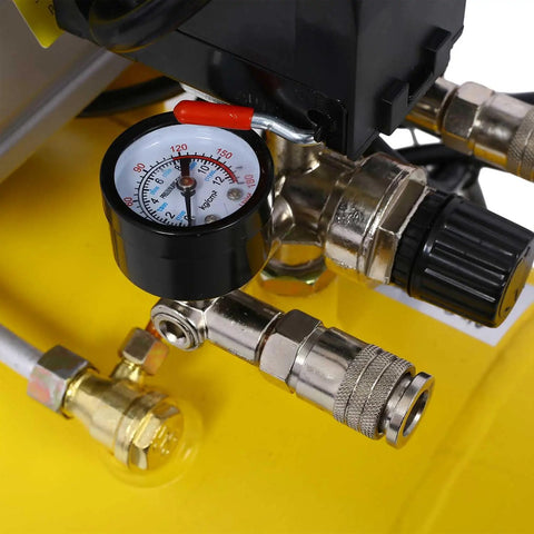 Pressure gauge and fittings on the Top Rated 3.5HP Quiet Air Compressor With 10 Gallon Oil Lubricated Horizontal Tank.