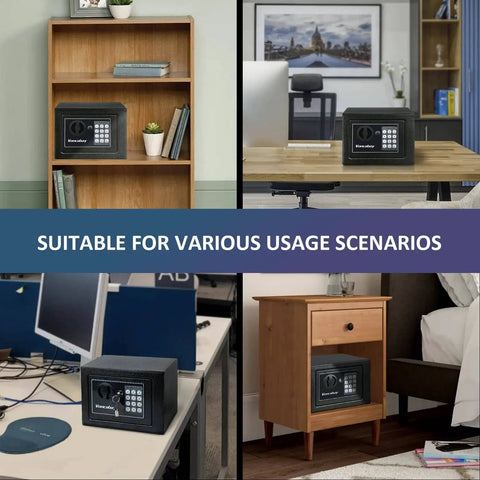 Compact Home Safe Box With Sensor Light Fireproof Money Safe For Your Cash Hideout 0.23 Cu Ft Security Safe With Digital Keypad And Passcode Lock Comes With Keys 9.05 W x 6.69 D x 6.69 H Black shown in various home and office settings.