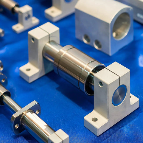 LM5UU linear ball bearings displayed in a CNC machine assembly, showcasing precision guides for smooth motion control on a blue background.
