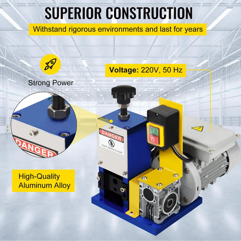 Heavy Duty Electric Wire Stripping Machine Automatic Cable Cutter 0.05 To 0.98 Inch Range Plug And Play Portable Drill Tool Includes Extra Blade For Scrap Copper Recycling Dark Blue control panel and aluminum alloy build