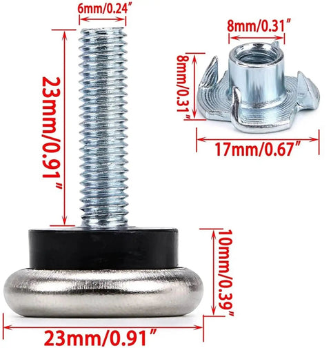 24 Pack M6 Adjustable Furniture Leveling Feet With T Nut showing dimensions 23mm screw, 8mm mount for stable furniture on hard floors.