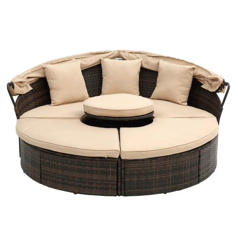 Retractable Outdoor Patio Round Wicker Rattan Daybed With Lift Table And Washable Cushions For Sun Drenched Lounge Sofa, beige cushions, modular design.